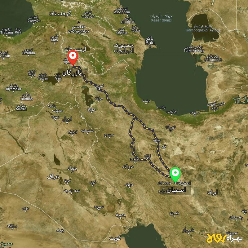 مسافت و فاصله بازرگان - آذربایجان غربی تا اصفهان از ۲ مسیر - اردیبهشت ۱۴۰۳