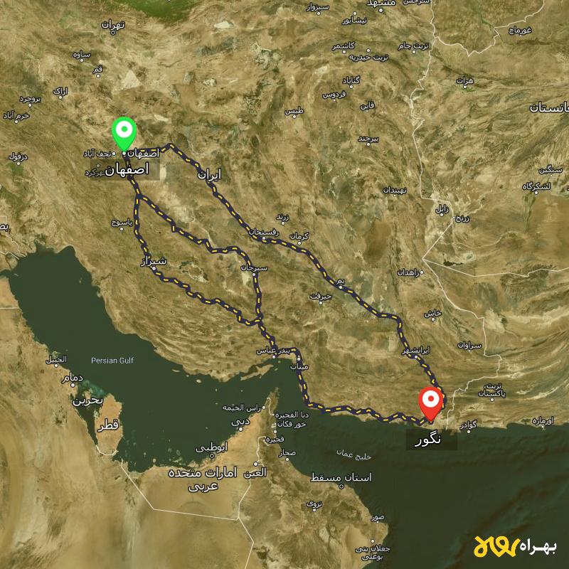 مسافت و فاصله نگور - سیستان و بلوچستان تا اصفهان از ۳ مسیر - مرداد ۱۴۰۳