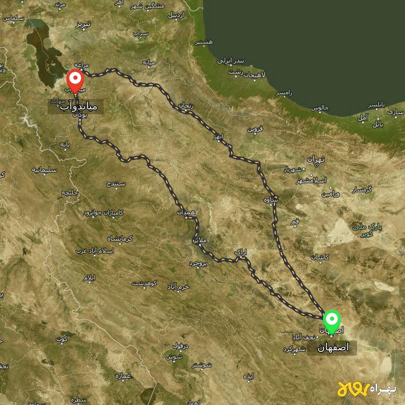 مسافت و فاصله میاندوآب - آذربایجان غربی تا اصفهان از 2 مسیر - مسیریاب بهراه