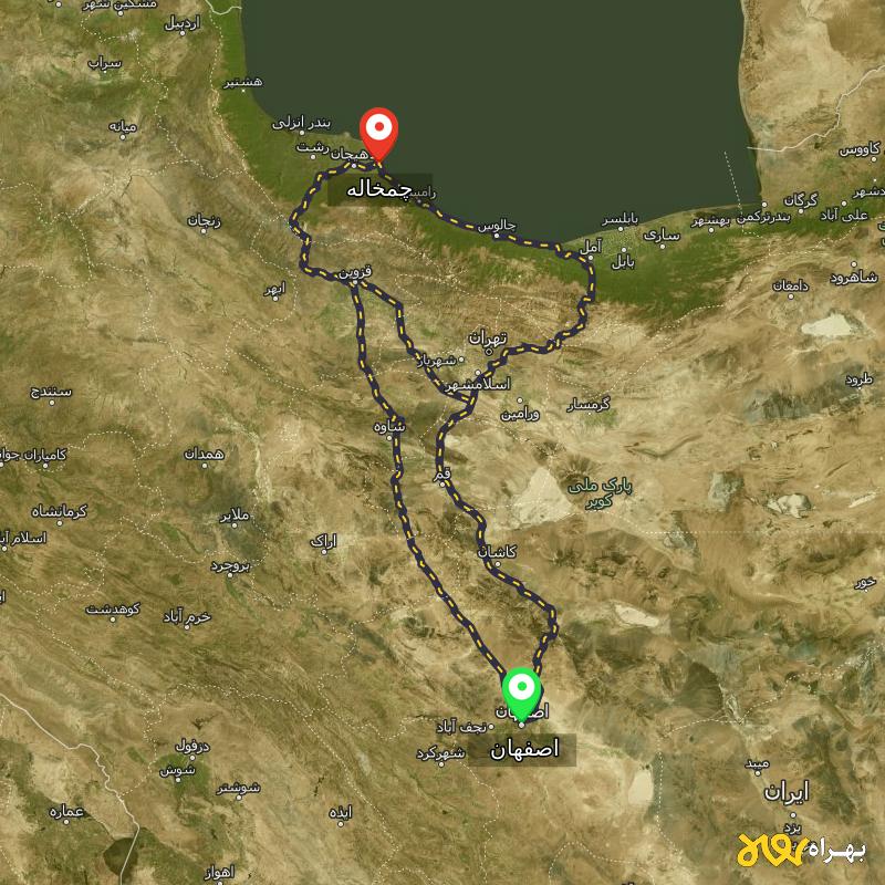 مسافت و فاصله چمخاله - گیلان تا اصفهان از ۳ مسیر - اردیبهشت ۱۴۰۳