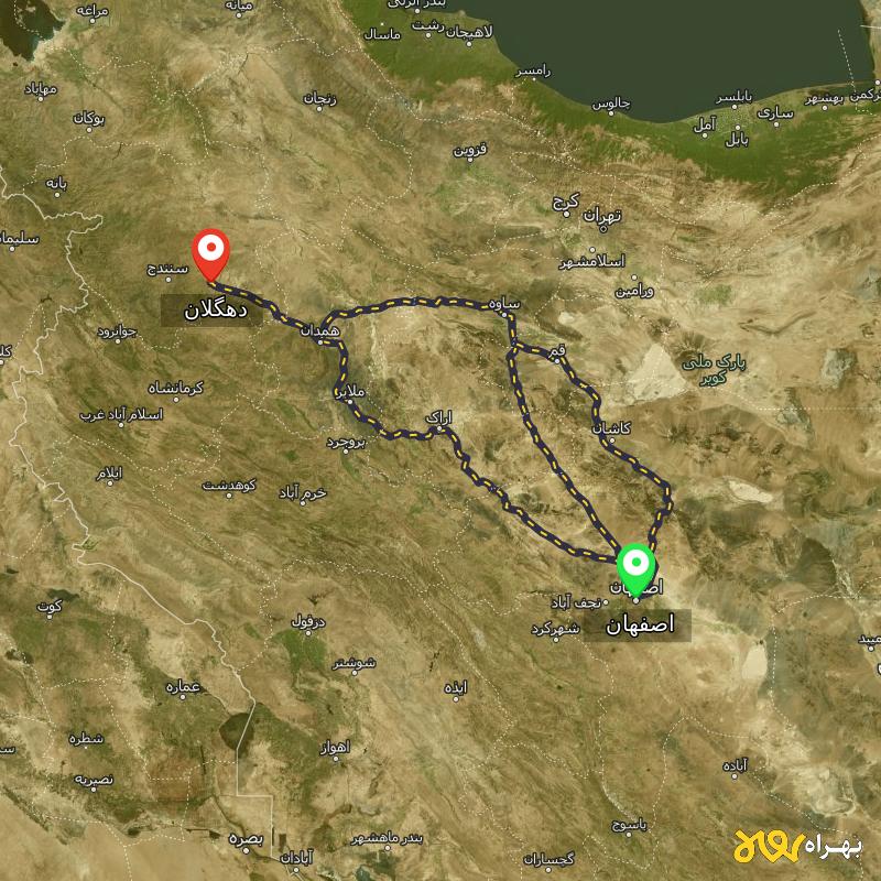 مسافت و فاصله دهگلان - کردستان تا اصفهان از ۳ مسیر - اردیبهشت ۱۴۰۳