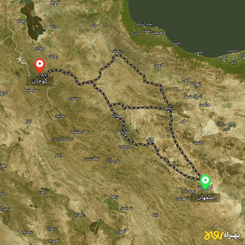 مسافت و فاصله کوخان - کردستان تا اصفهان از ۳ مسیر - مرداد ۱۴۰۳