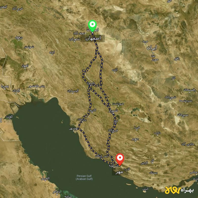 مسافت و فاصله مهر - فارس تا اصفهان از ۳ مسیر - اردیبهشت ۱۴۰۳