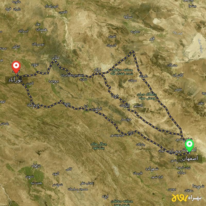 مسافت و فاصله نورآباد - لرستان تا اصفهان از ۳ مسیر - اردیبهشت ۱۴۰۳