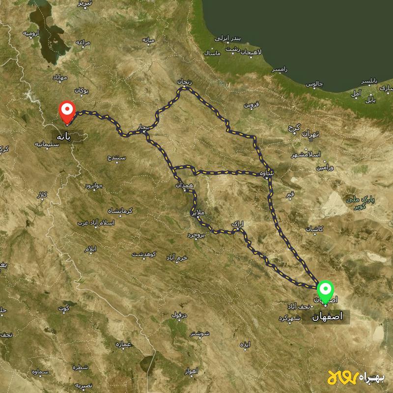 مسافت و فاصله بانه - کردستان تا اصفهان از ۳ مسیر - دی ۱۴۰۳