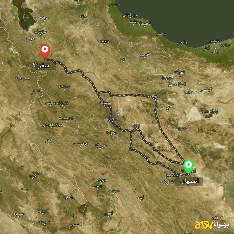 مسافت و فاصله سقز - کردستان تا اصفهان از ۳ مسیر - مرداد ۱۴۰۳