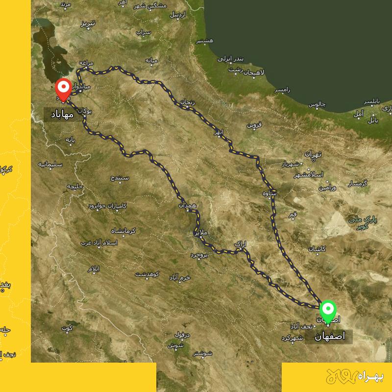 مسافت و فاصله مهاباد - آذربایجان غربی تا اصفهان از ۲ مسیر - اردیبهشت ۱۴۰۳