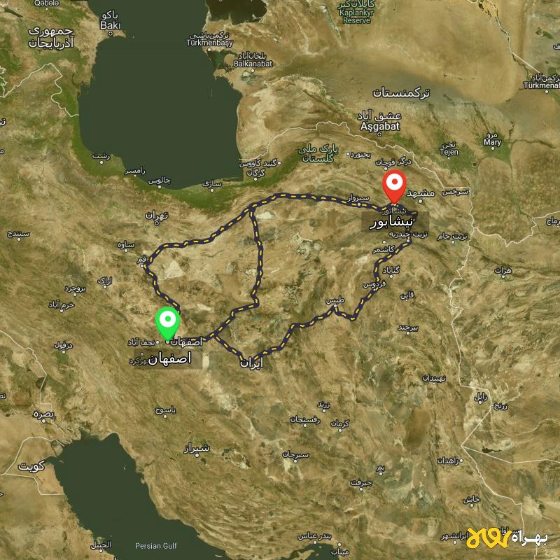 مسافت و فاصله نیشابور تا اصفهان از ۳ مسیر - اردیبهشت ۱۴۰۳
