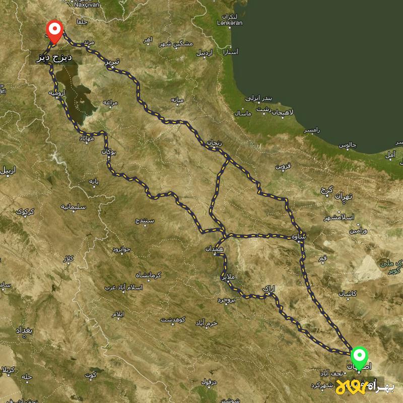 مسافت و فاصله دیزج دیز - آذربایجان غربی تا اصفهان از ۳ مسیر - مهر ۱۴۰۳