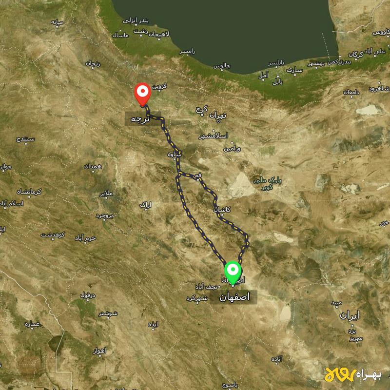 مسافت و فاصله نرجه - قزوین تا اصفهان از ۲ مسیر - اردیبهشت ۱۴۰۳