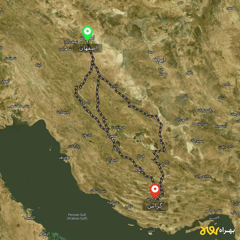 مسافت و فاصله گراش - فارس تا اصفهان از ۳ مسیر - شهریور ۱۴۰۳