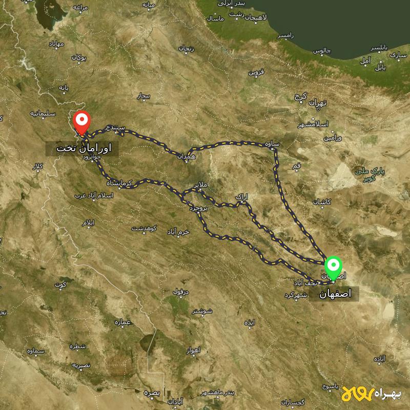 مسافت و فاصله اورامان تخت - کردستان تا اصفهان از ۳ مسیر - مرداد ۱۴۰۳