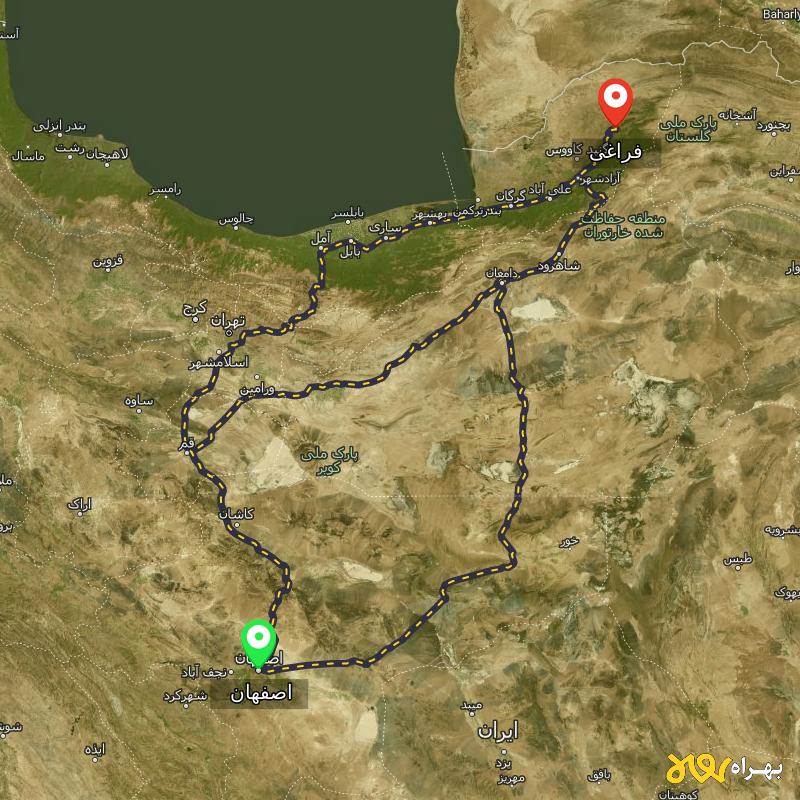 مسافت و فاصله فراغی - گلستان تا اصفهان از ۳ مسیر - مهر ۱۴۰۳