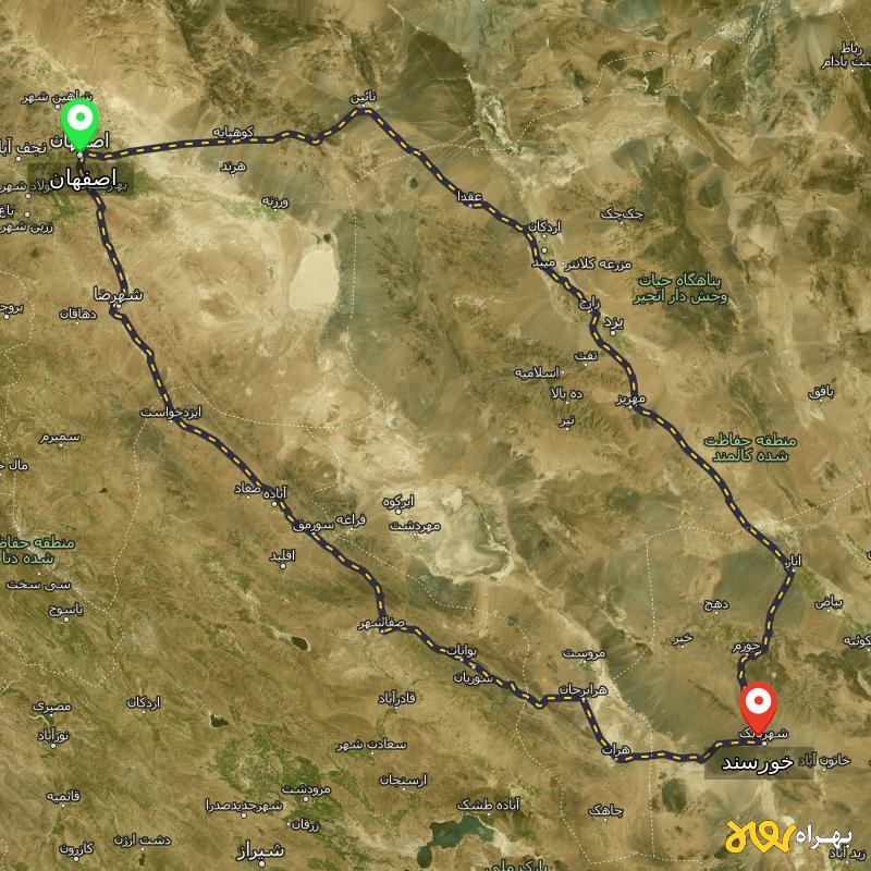 مسافت و فاصله خورسند - کرمان تا اصفهان از ۲ مسیر - مهر ۱۴۰۳