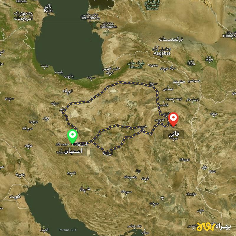 مسافت و فاصله قائن - خراسان جنوبی تا اصفهان از ۳ مسیر - اردیبهشت ۱۴۰۳