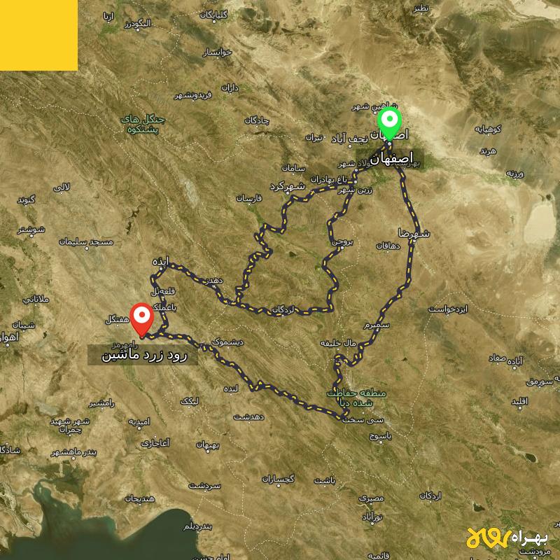 مسافت و فاصله رود زرد ماشین - خوزستان تا اصفهان از ۳ مسیر - مرداد ۱۴۰۳
