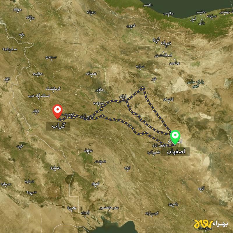 مسافت و فاصله گراب - لرستان تا اصفهان از ۳ مسیر - شهریور ۱۴۰۳