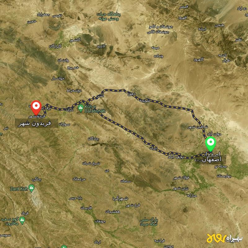 مسافت و فاصله فریدون شهر - اصفهان تا اصفهان از ۲ مسیر - آذر ۱۴۰۳