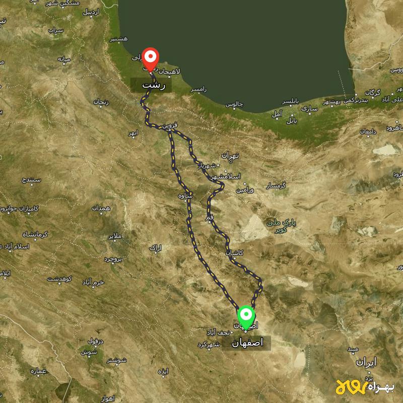 مسافت و فاصله رشت تا اصفهان از ۲ مسیر - مرداد ۱۴۰۳