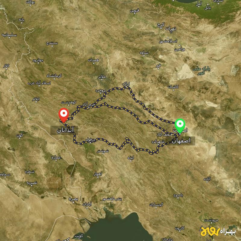 مسافت و فاصله آبدانان - ایلام تا اصفهان از ۳ مسیر - دی ۱۴۰۳