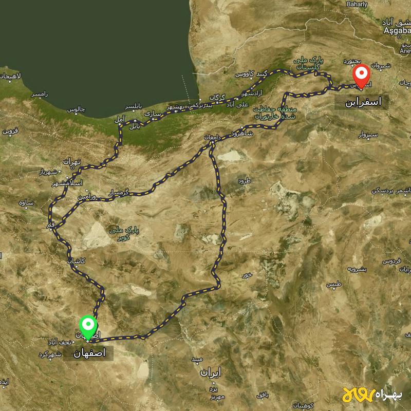 مسافت و فاصله اسفراین - خراسان شمالی تا اصفهان از ۳ مسیر - اردیبهشت ۱۴۰۳