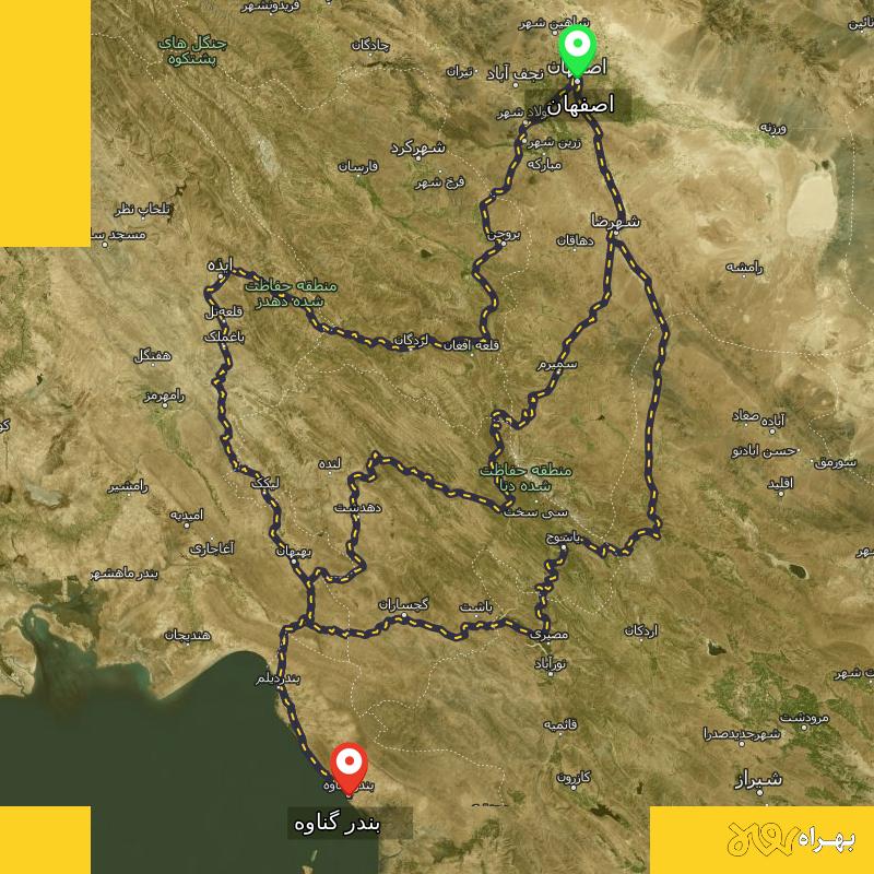 مسافت و فاصله بندر گناوه - بوشهر تا اصفهان از ۳ مسیر - اردیبهشت ۱۴۰۳