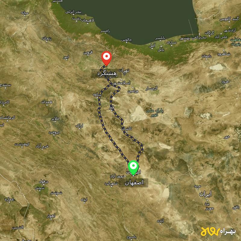 مسافت و فاصله هشتگرد تا اصفهان از ۲ مسیر - مرداد ۱۴۰۳