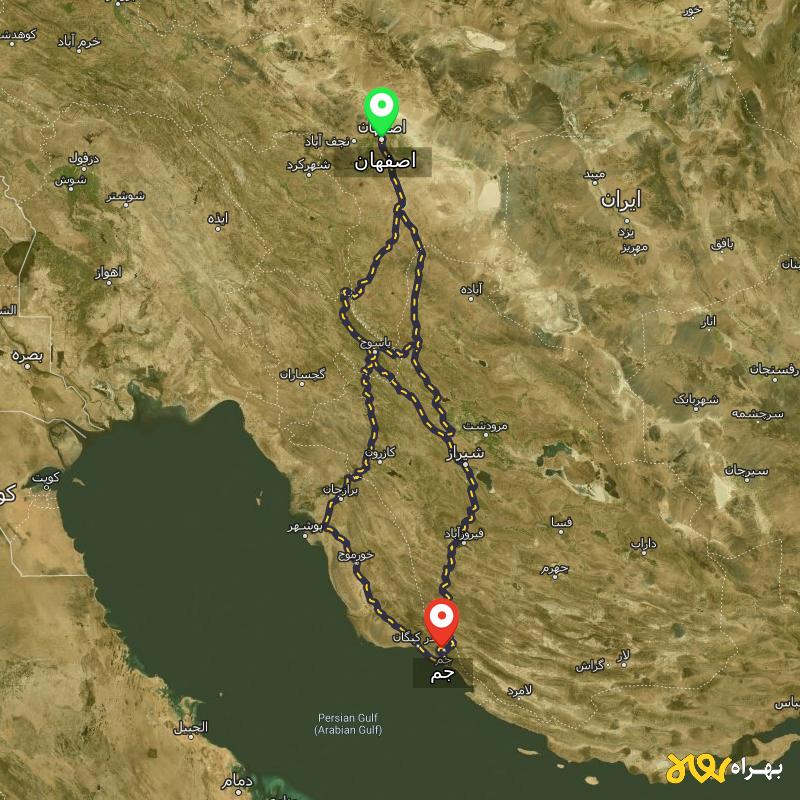 مسافت و فاصله جم - بوشهر تا اصفهان از ۳ مسیر - اردیبهشت ۱۴۰۳