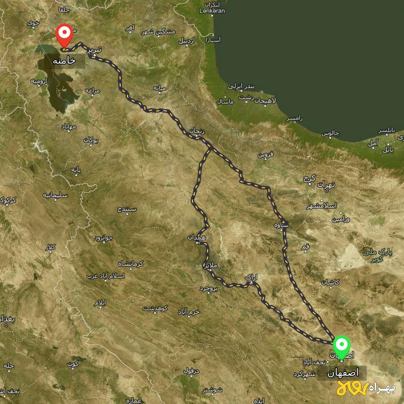 مسافت و فاصله خامنه - آذربایجان شرقی تا اصفهان از ۲ مسیر - آذر ۱۴۰۳