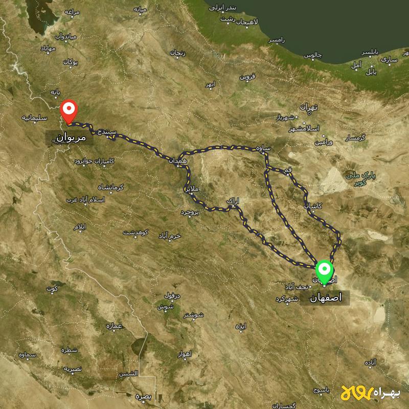 مسافت و فاصله مریوان - کردستان تا اصفهان از 3 مسیر - مسیریاب بهراه