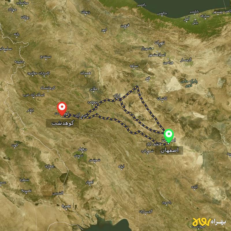 مسافت و فاصله کوهدشت - لرستان تا اصفهان از 3 مسیر - مسیریاب بهراه