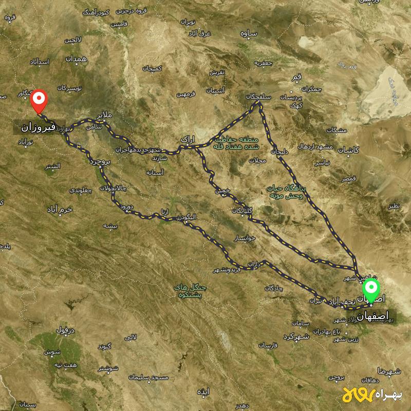 مسافت و فاصله فیروزان - همدان تا اصفهان از ۳ مسیر - آبان ۱۴۰۳