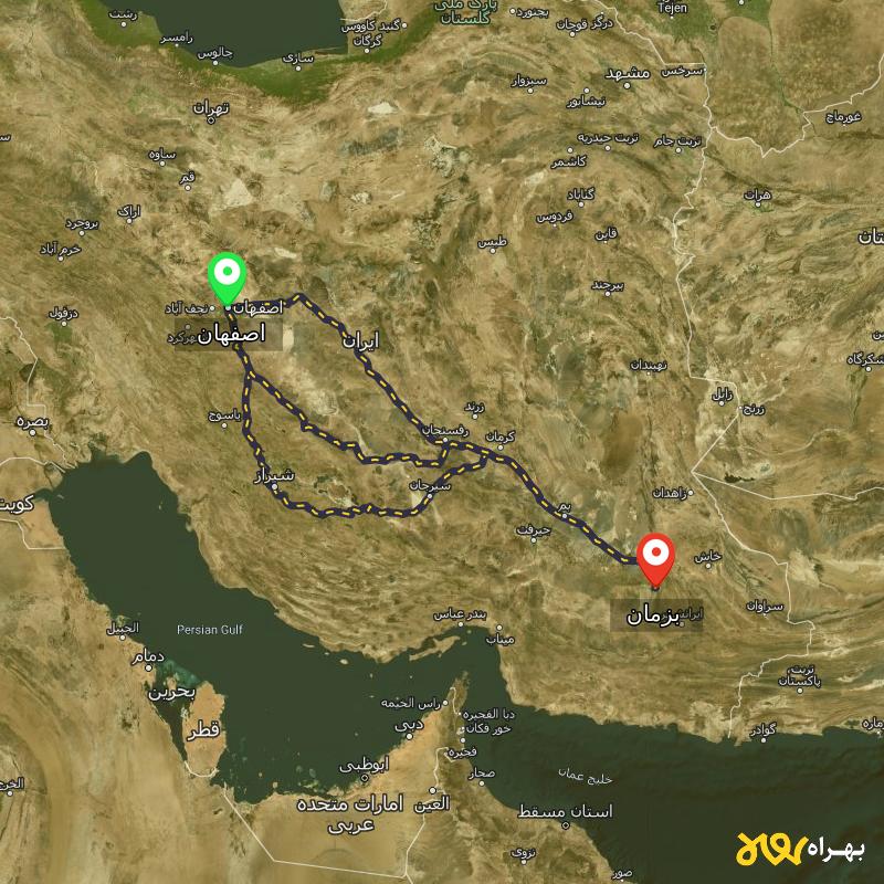 مسافت و فاصله بزمان - سیستان و بلوچستان تا اصفهان از ۳ مسیر - مرداد ۱۴۰۳