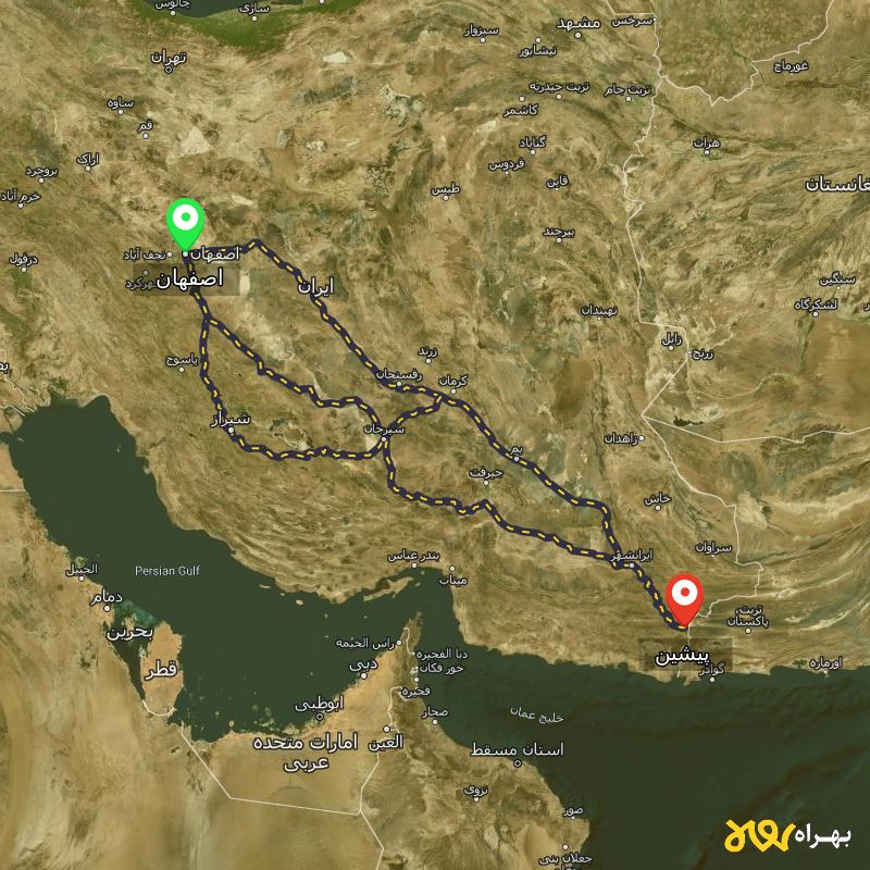 مسافت و فاصله پیشین - سیستان و بلوچستان تا اصفهان از ۳ مسیر - اردیبهشت ۱۴۰۳