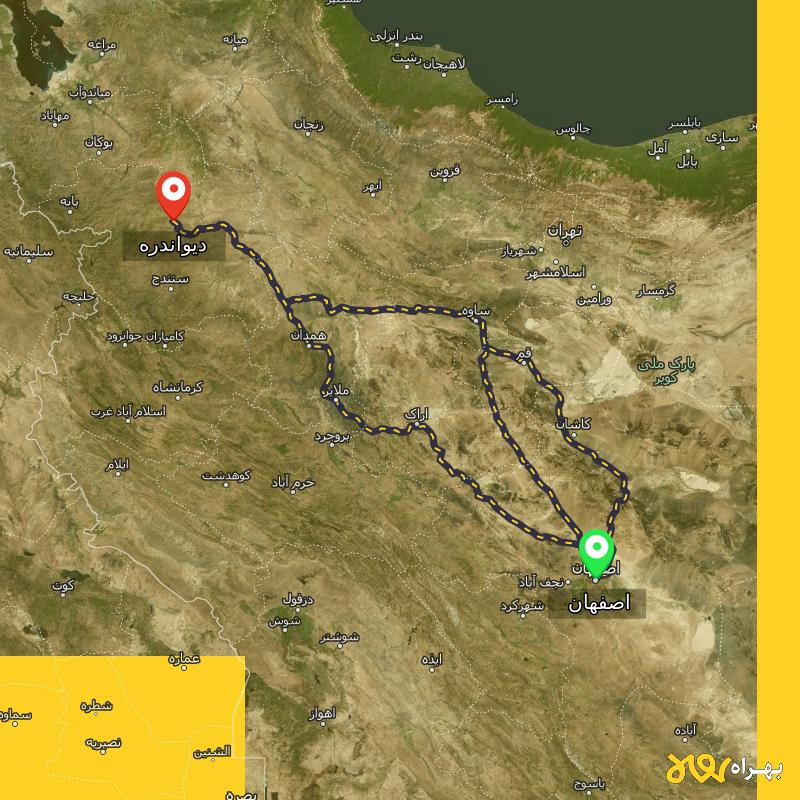 مسافت و فاصله دیواندره - کردستان تا اصفهان از 3 مسیر - مسیریاب بهراه