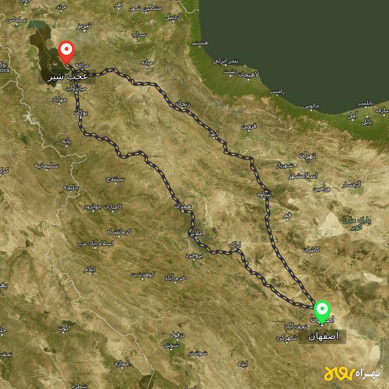 مسافت و فاصله عجب‌ شیر - آذربایجان شرقی تا اصفهان از ۲ مسیر - اردیبهشت ۱۴۰۳