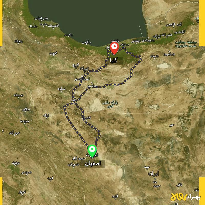 مسافت و فاصله گلیا - مازندران تا اصفهان از ۳ مسیر - مرداد ۱۴۰۳