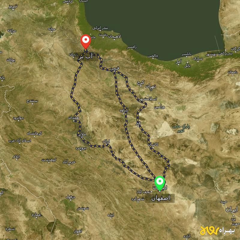 مسافت و فاصله آب بر - زنجان تا اصفهان از ۳ مسیر - دی ۱۴۰۳