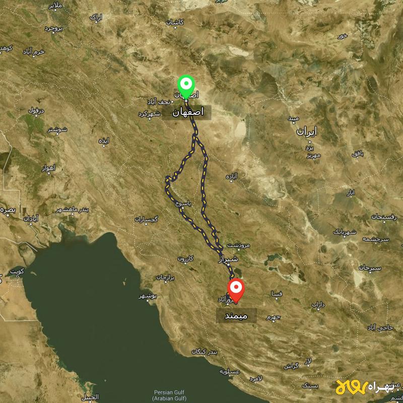 مسافت و فاصله میمند - فارس تا اصفهان از ۲ مسیر - آذر ۱۴۰۳