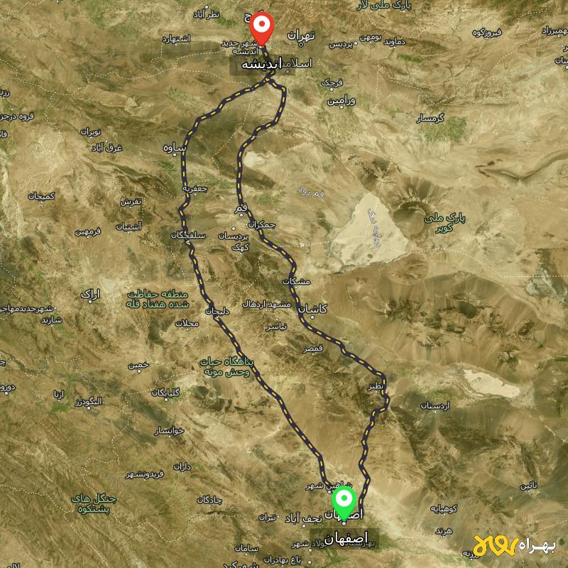 مسافت و فاصله اندیشه تا اصفهان از ۲ مسیر - بهمن ۱۴۰۳