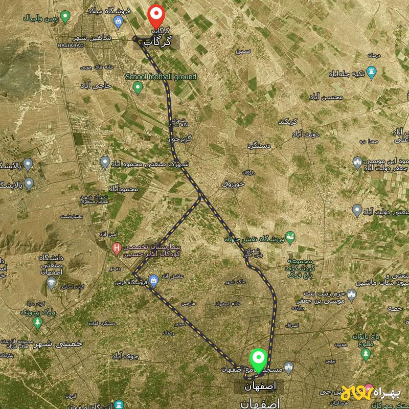 مسافت و فاصله گرگاب - شاهین شهر تا اصفهان از ۲ مسیر - آذر ۱۴۰۳