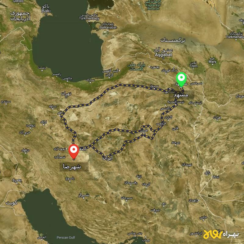 مسافت و فاصله شهرضا - اصفهان تا مشهد از ۳ مسیر - اردیبهشت ۱۴۰۳