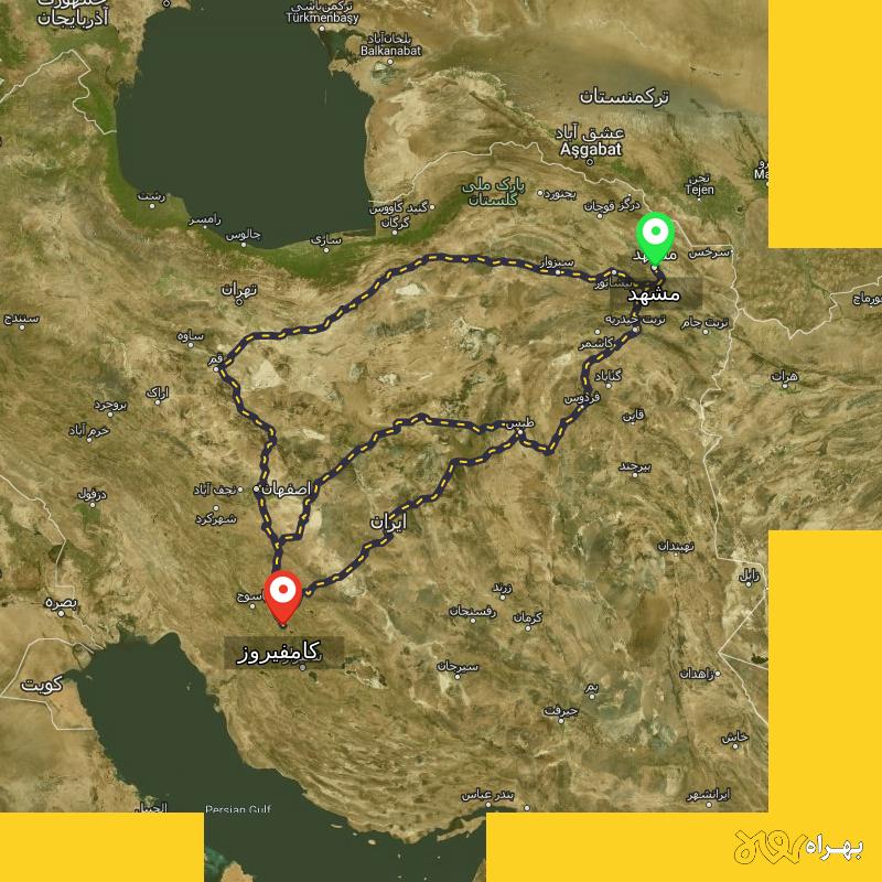 مسافت و فاصله کامفیروز - فارس تا مشهد از ۳ مسیر - مرداد ۱۴۰۳
