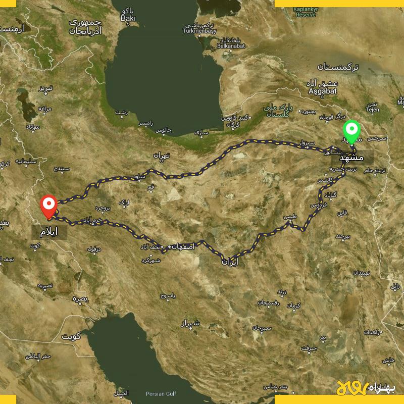 مسافت و فاصله ایلام تا مشهد از 2 مسیر - مسیریاب بهراه