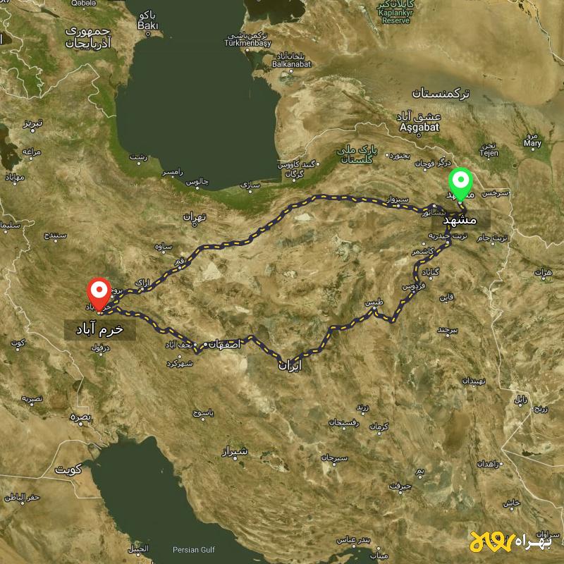 مسافت و فاصله خرم آباد تا مشهد از ۲ مسیر - اردیبهشت ۱۴۰۳