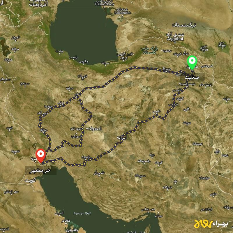 مسافت و فاصله خرمشهر - خوزستان تا مشهد از ۳ مسیر - اردیبهشت ۱۴۰۳