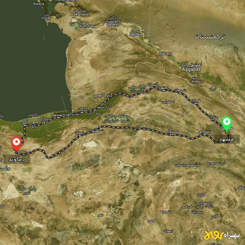 مسافت و فاصله دماوند - تهران تا مشهد از ۲ مسیر - آذر ۱۴۰۳