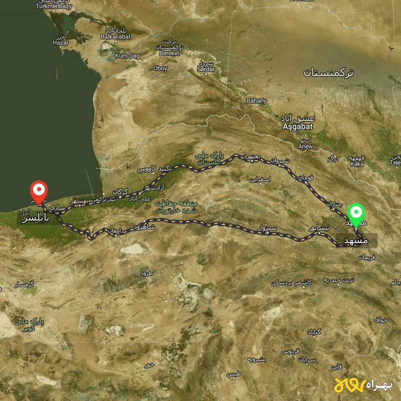 مسافت و فاصله بابلسر - مازندران تا مشهد از 2 مسیر - مسیریاب بهراه