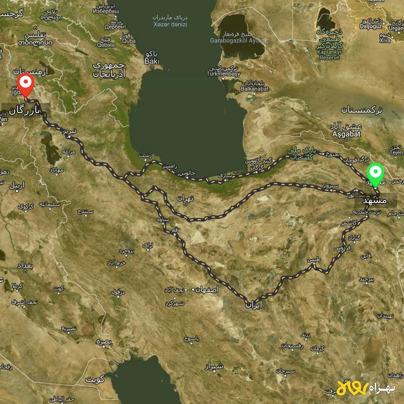 مسافت و فاصله بازرگان - آذربایجان غربی تا مشهد از ۳ مسیر - اردیبهشت ۱۴۰۳