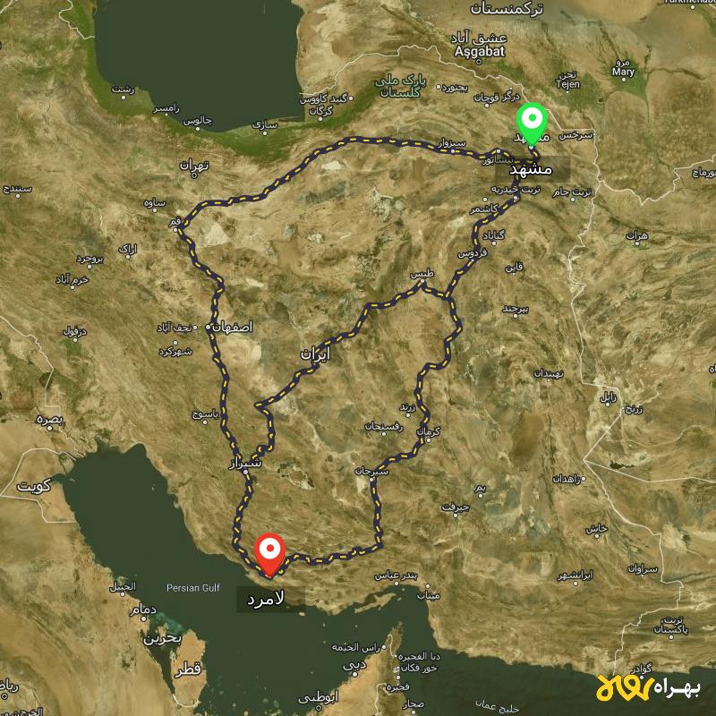 مسافت و فاصله لامرد - فارس تا مشهد از 3 مسیر - مسیریاب بهراه
